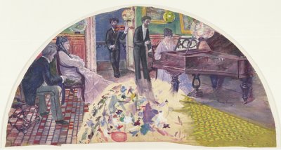 Ontwerp voor een waaier die de lounge van Nina de Callias toont met Callias aan de piano, Ernest Cabaner naast haar en Charles Cros op de viool, c.1875-77 door Pierre Franc Lamy